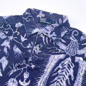 Vintage Polo Ralph Lauren Mens XL Navy Blue Botanical Floral Pique Polo Shirt